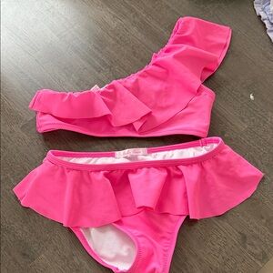 Stella Cove Hot Pink Ruffle One-Shoulder Kids Bikini